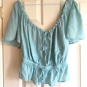 7 For All Mankind blue Puff Sleeve Ruffled Blouse